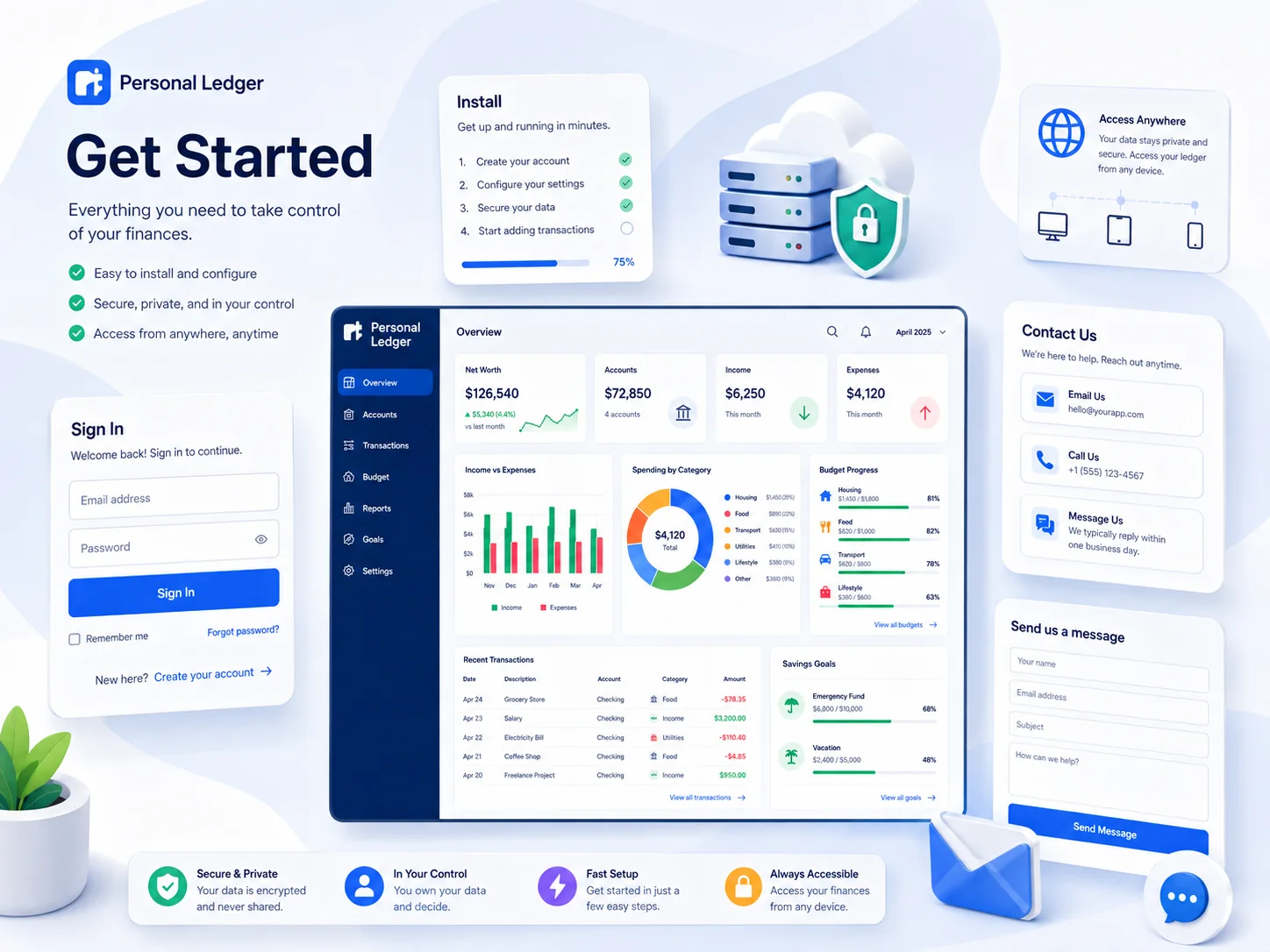 Personal Ledger account setup and dashboard illustration